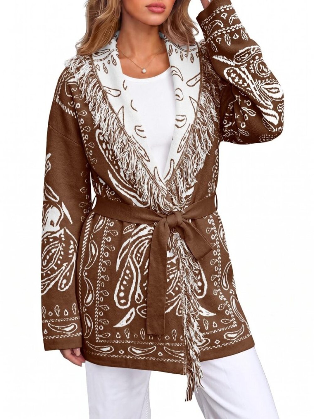Womens Fall Tassel Shawl Collar Cardigan Paisley Wrap Sweaters